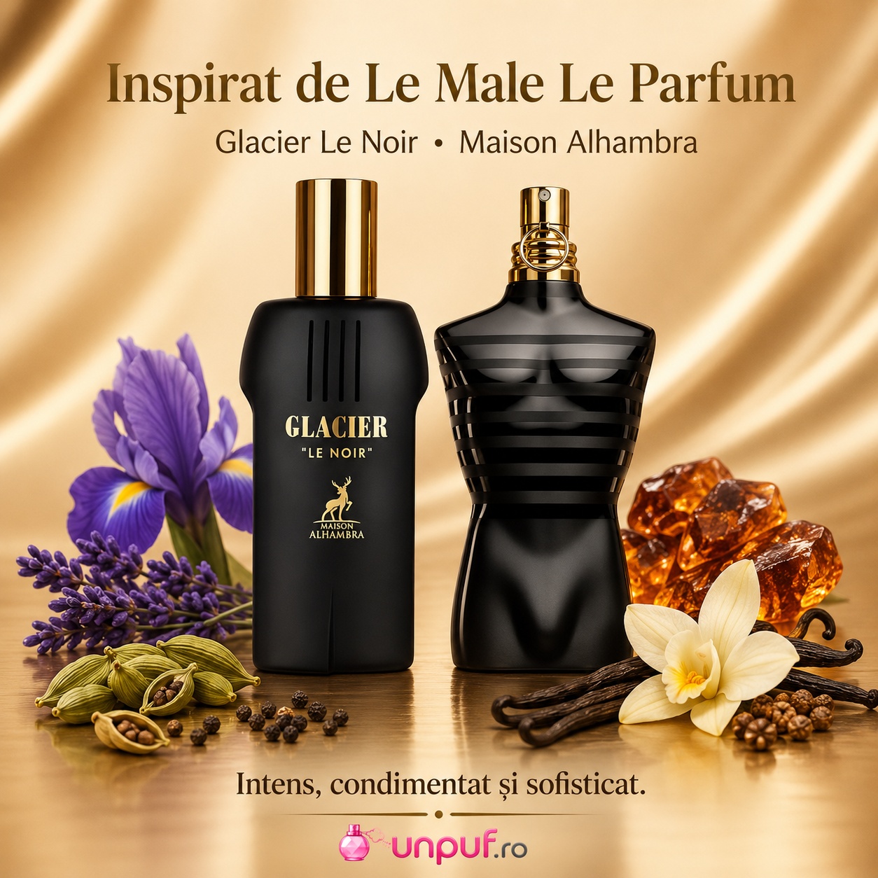 Glacier Le Noir Maison Alhambra inspirat de Le Male Le Parfum Jean Paul Gaultier intens condimentat și sofisticat
