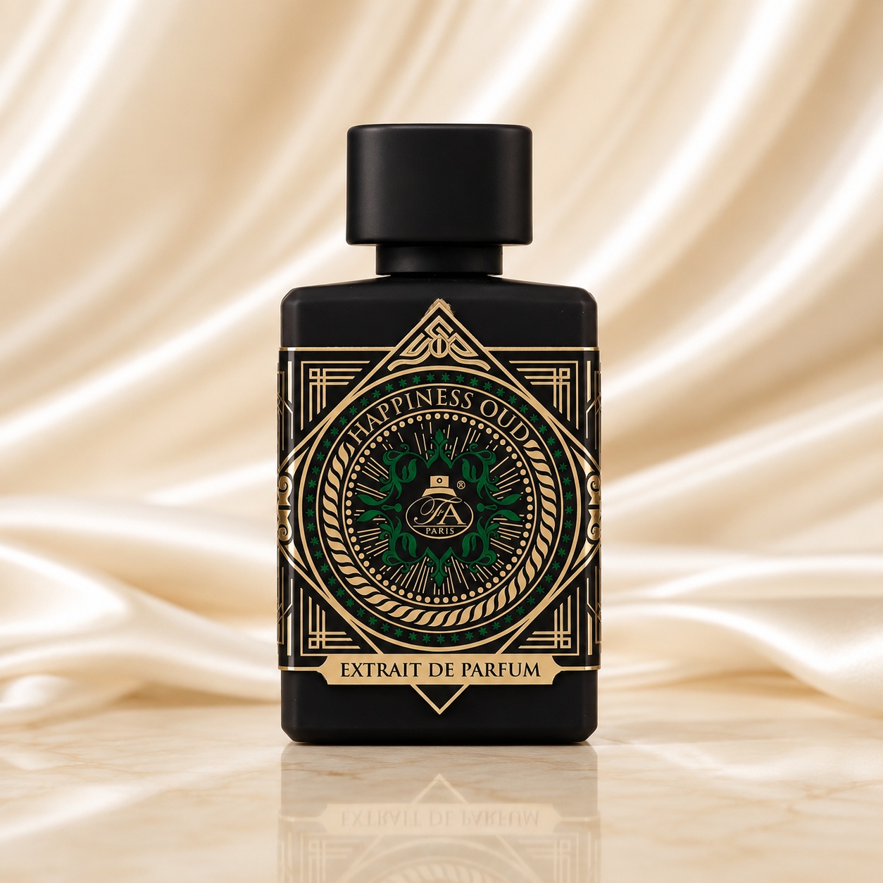 Happiness Oud French Avenue sticlă neagră elegantă cu detalii aurii și verzi extrait de parfum pentru bărbați