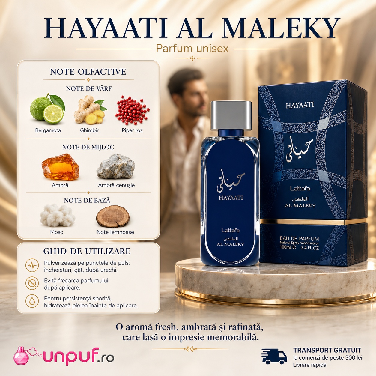 Hayaati Al Maleky Lattafa parfum cu note de bergamotă, ghimbir, piper roz, ambră, mosc și note lemnoase