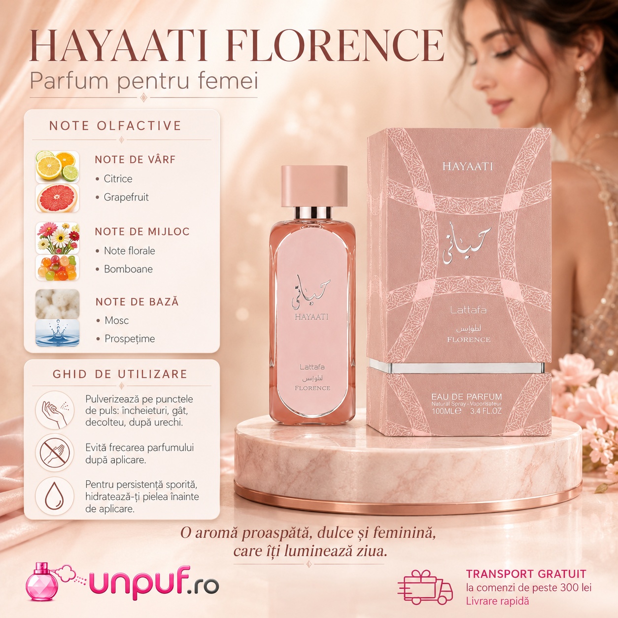 Hayaati Florence Lattafa parfum de damă cu note de citrice, grapefruit, note florale, bomboane, mosc și prospețime