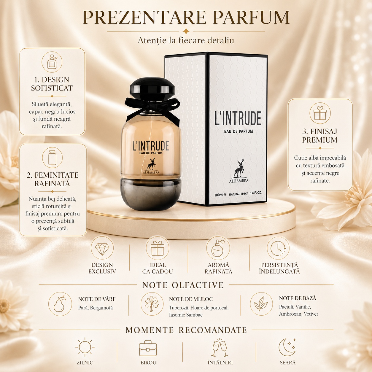 Prezentare parfum Intrude Maison Alhambra design sofisticat note olfactive pară bergamotă tuberoză floare de portocal iasomie vanilie paciuli ambroxan vetiver