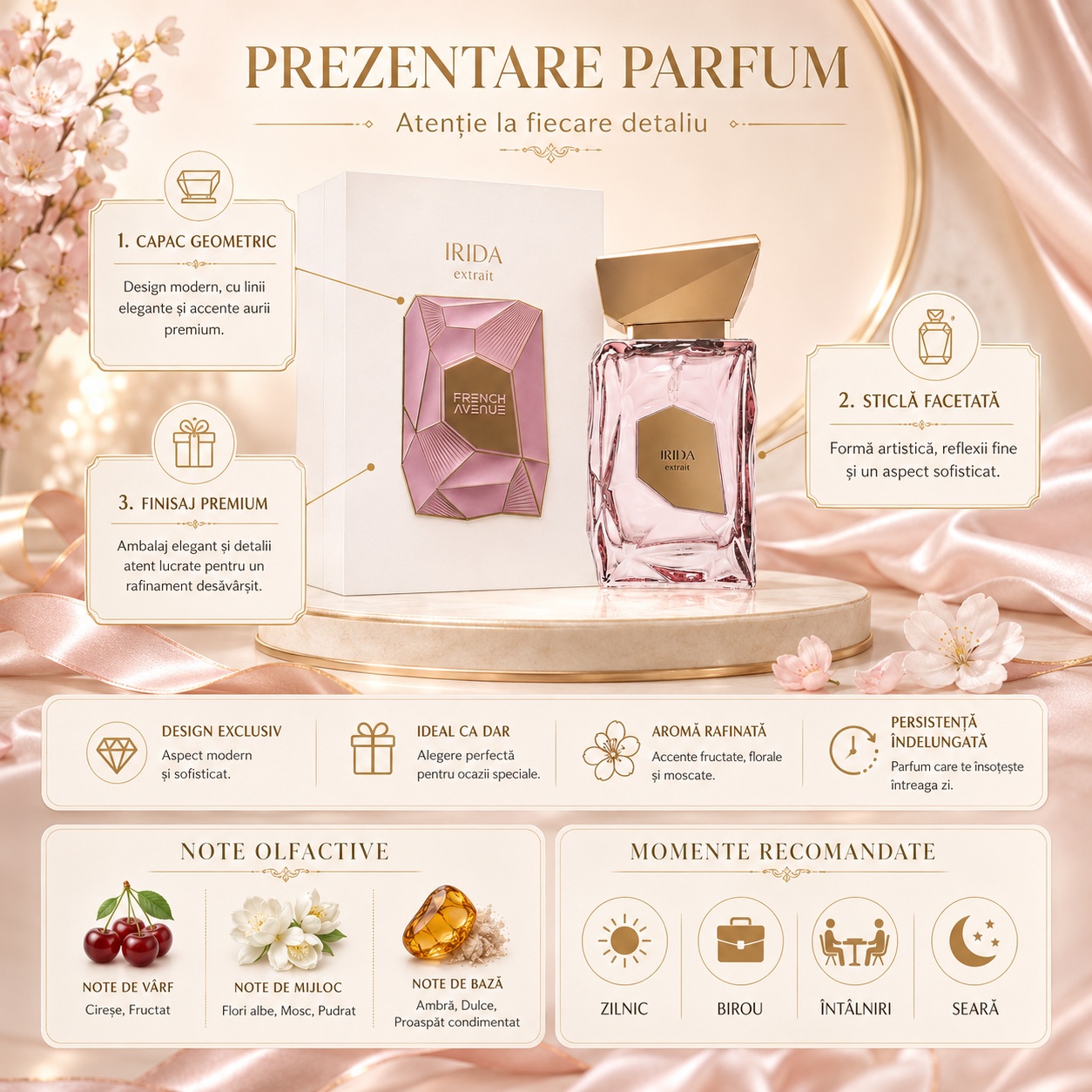 Prezentare parfum Irida French Avenue capac geometric sticlă fațetată finisaj premium note olfactive cireșe flori albe mosc ambră