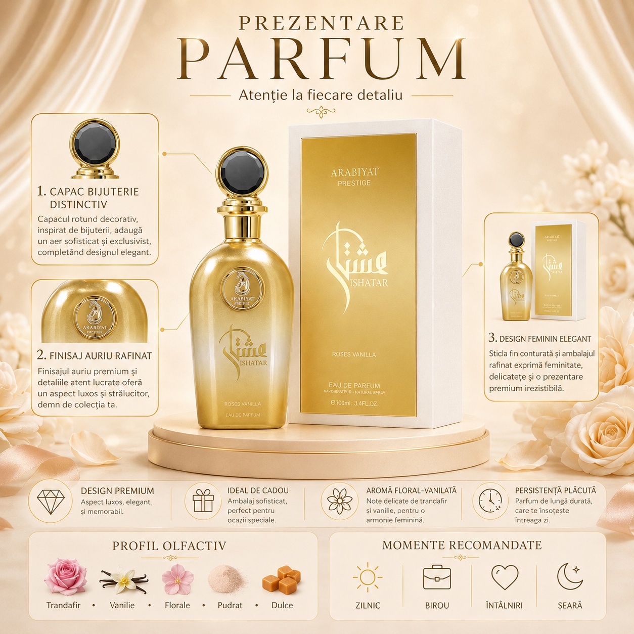 Prezentare parfum Ishatar Amber Vanilla cu detalii despre design, aromă și momente recomandate