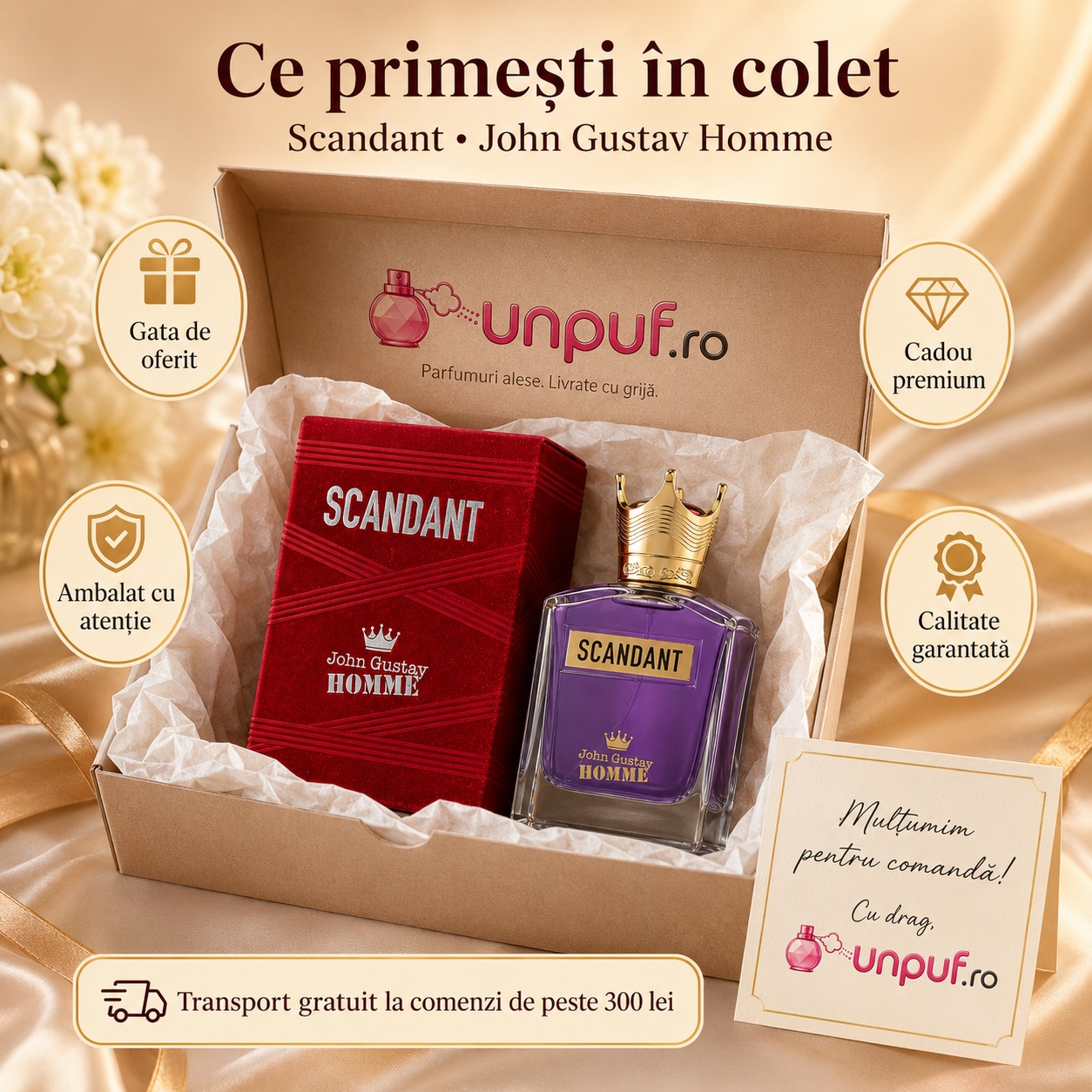 Ce primești în colet John Gustav Homme Scandant parfum 100 ml ambalat cu atenție și pregătit pentru cadou