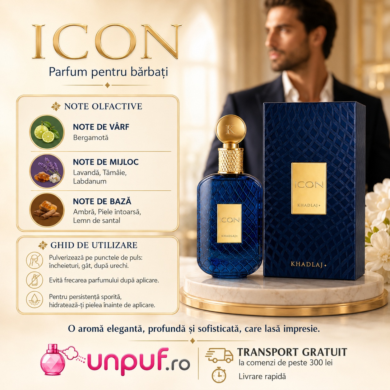 Khadlaj Icon parfum premium disponibil pe unpuf.ro cu livrare rapidă și transport gratuit peste 300 lei