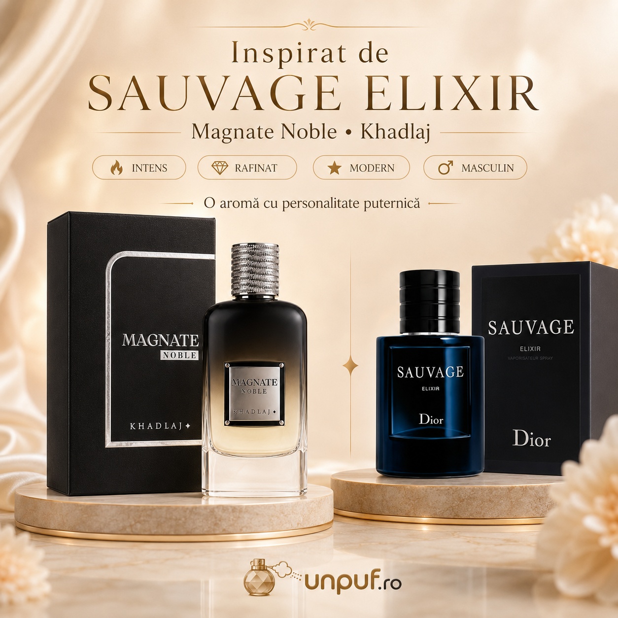 Khadlaj Magnate Noble direcție vizuală Sauvage Elixir, parfum masculin intens, rafinat și modern