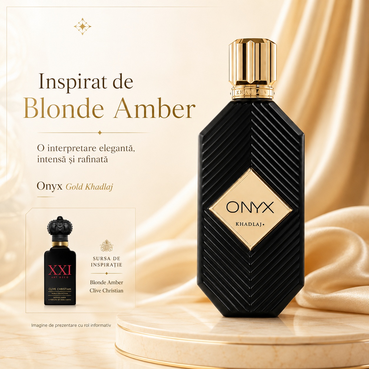Khadlaj Onyx Gold direcție vizuală Blonde Amber, parfum intens, elegant și rafinat