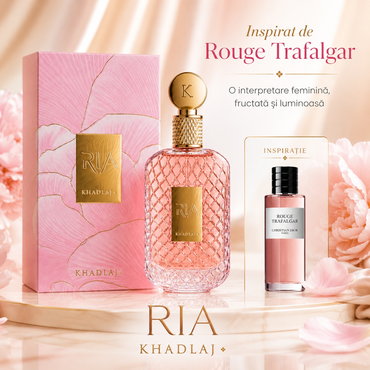 Khadlaj Ria cu direcție vizuală Rouge Trafalgar, parfum feminin fructat și luminos