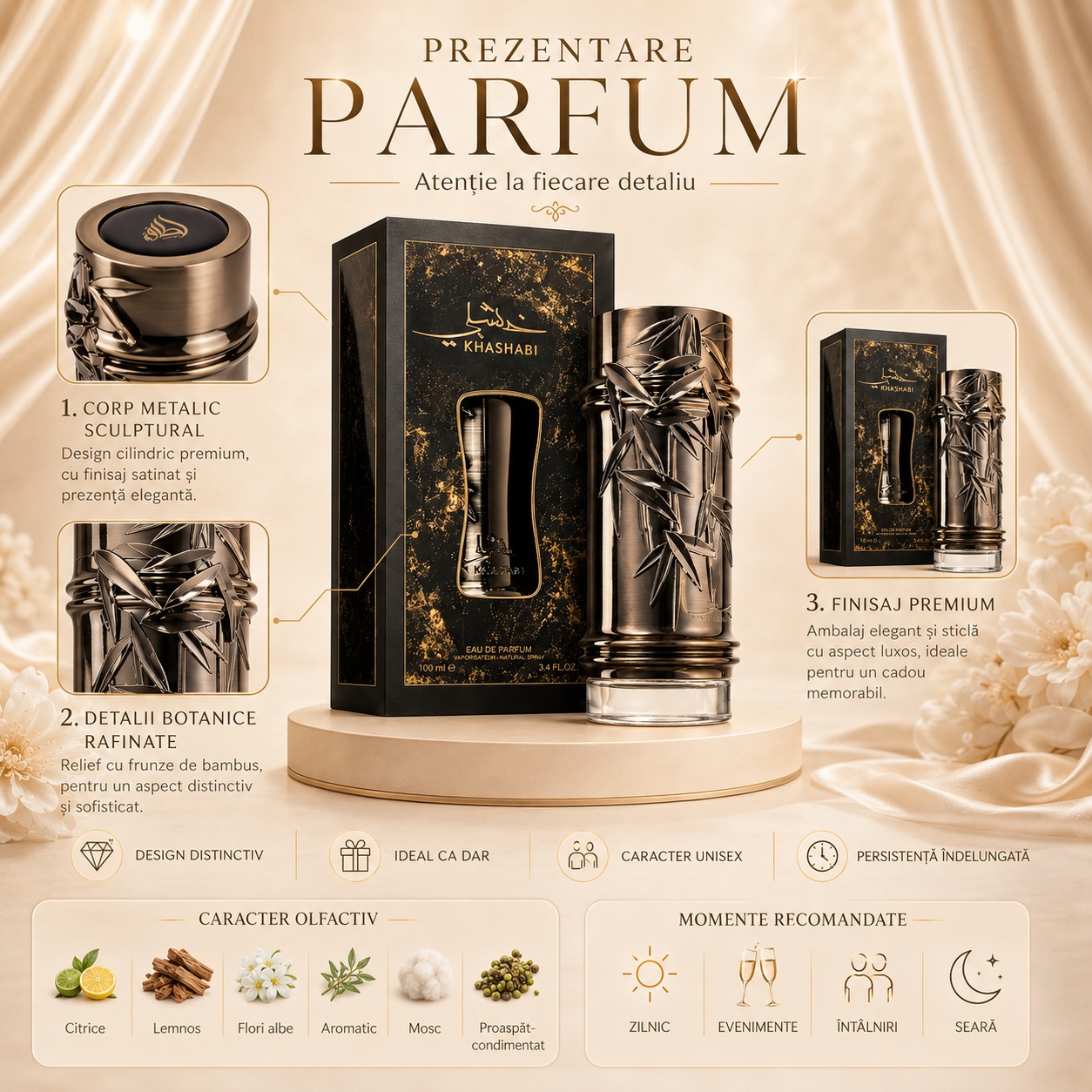Prezentare parfum Khashabi Lattafa caracter olfactiv citrice lemnos flori albe aromatic mosc proaspăt condimentat