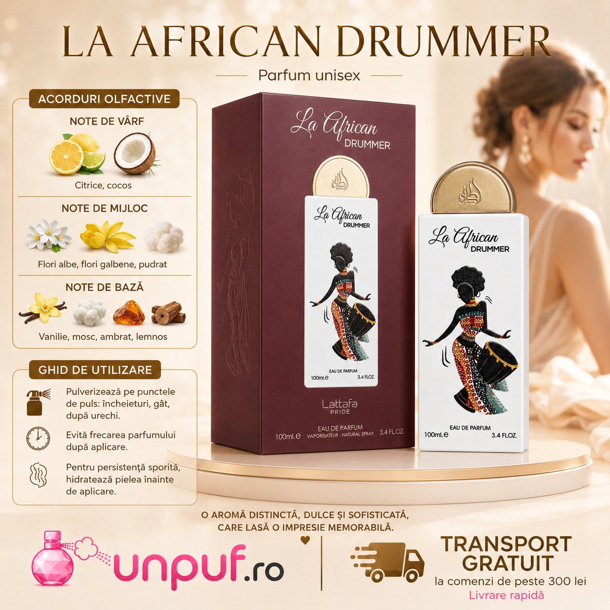 Acorduri olfactive La African Drummer citrice cocos flori albe flori galbene pudrat vanilie mosc ambrat lemnos