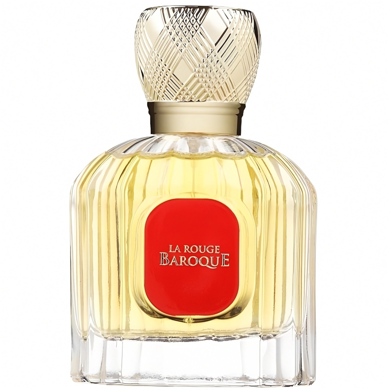 Sticlă parfum La Baroque Rouge Maison Alhambra 100 ml cu etichetă roșie și capac auriu
