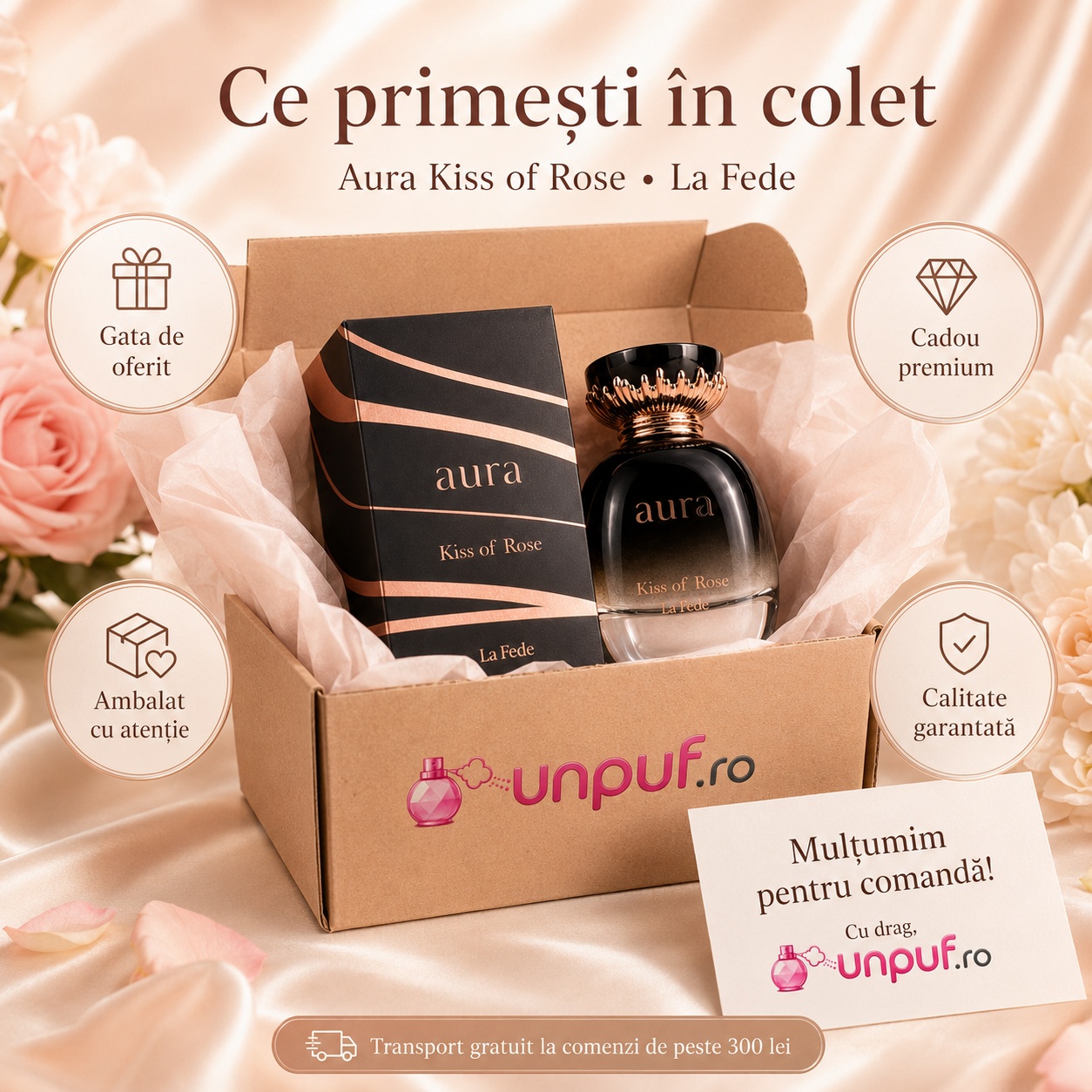 Ce primești în colet La Fede Aura Kiss Of Rose 100 ml, parfum original, ambalare premium și transport gratuit peste 300 lei