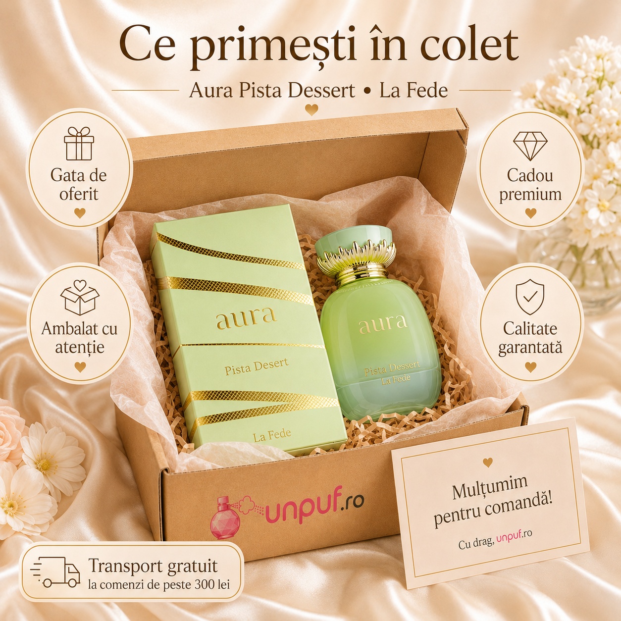 Ce primești în colet la parfumul La Fede Aura Pista Desert, ambalaj premium și cadou elegant