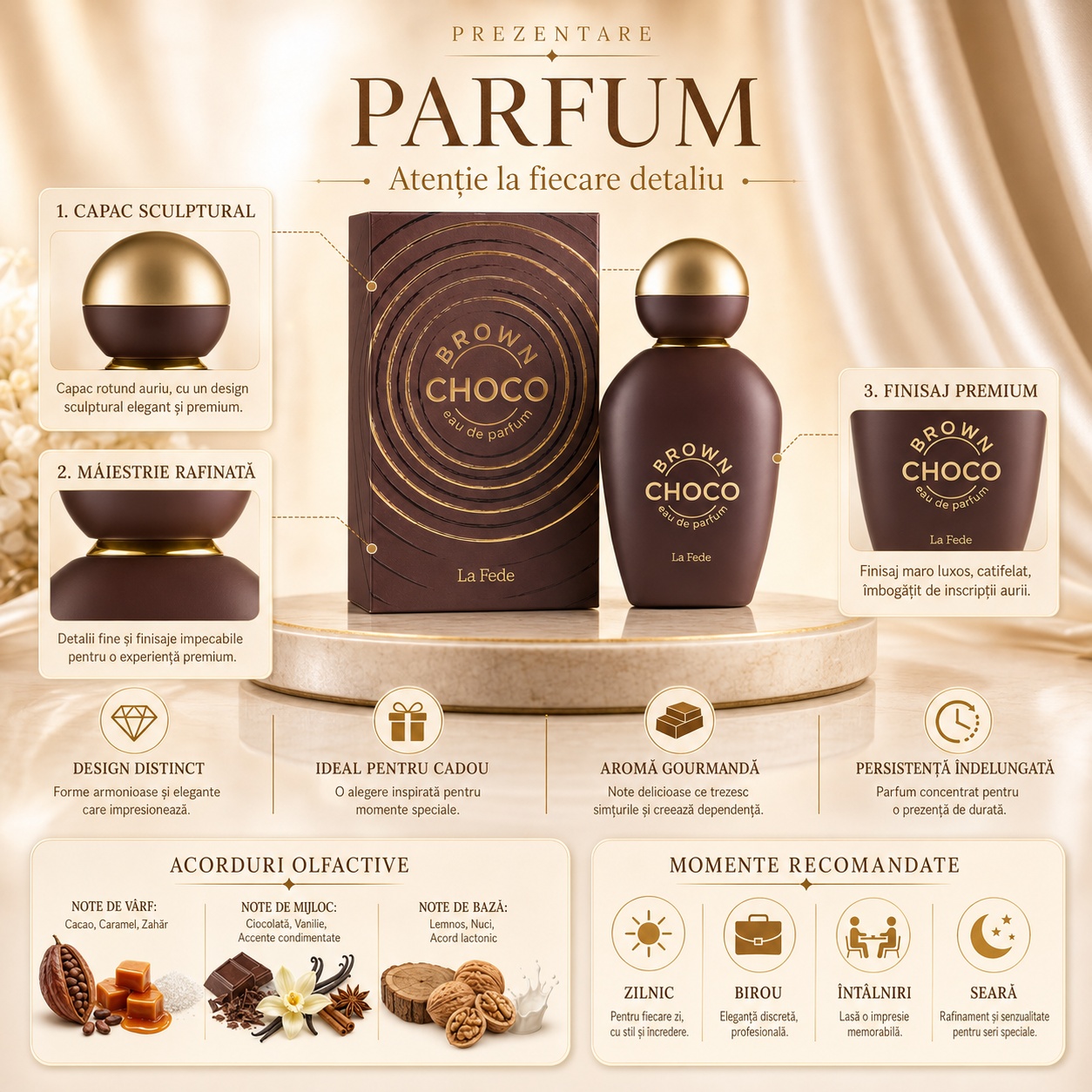 Prezentare parfum La Fede Choco Brown cu note de cacao, caramel, ciocolată, vanilie, nuci și acord lactonic