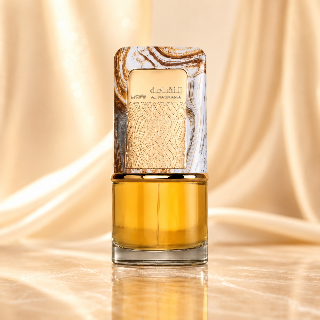 Flacon Lattafa Al Nashama 100 ml parfum unisex cu design auriu marmorat elegant