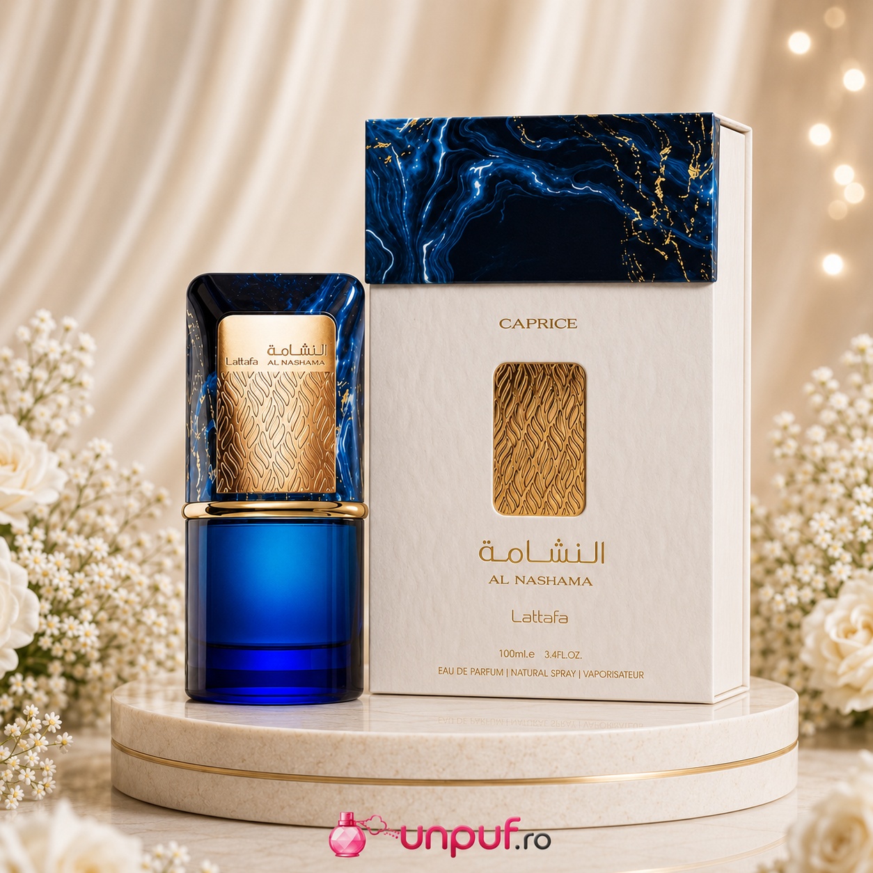 Parfum Arăbesc Lattafa Al Nashama Caprice 100 ml pentru bărbat cu flacon albastru elegant și cutie premium