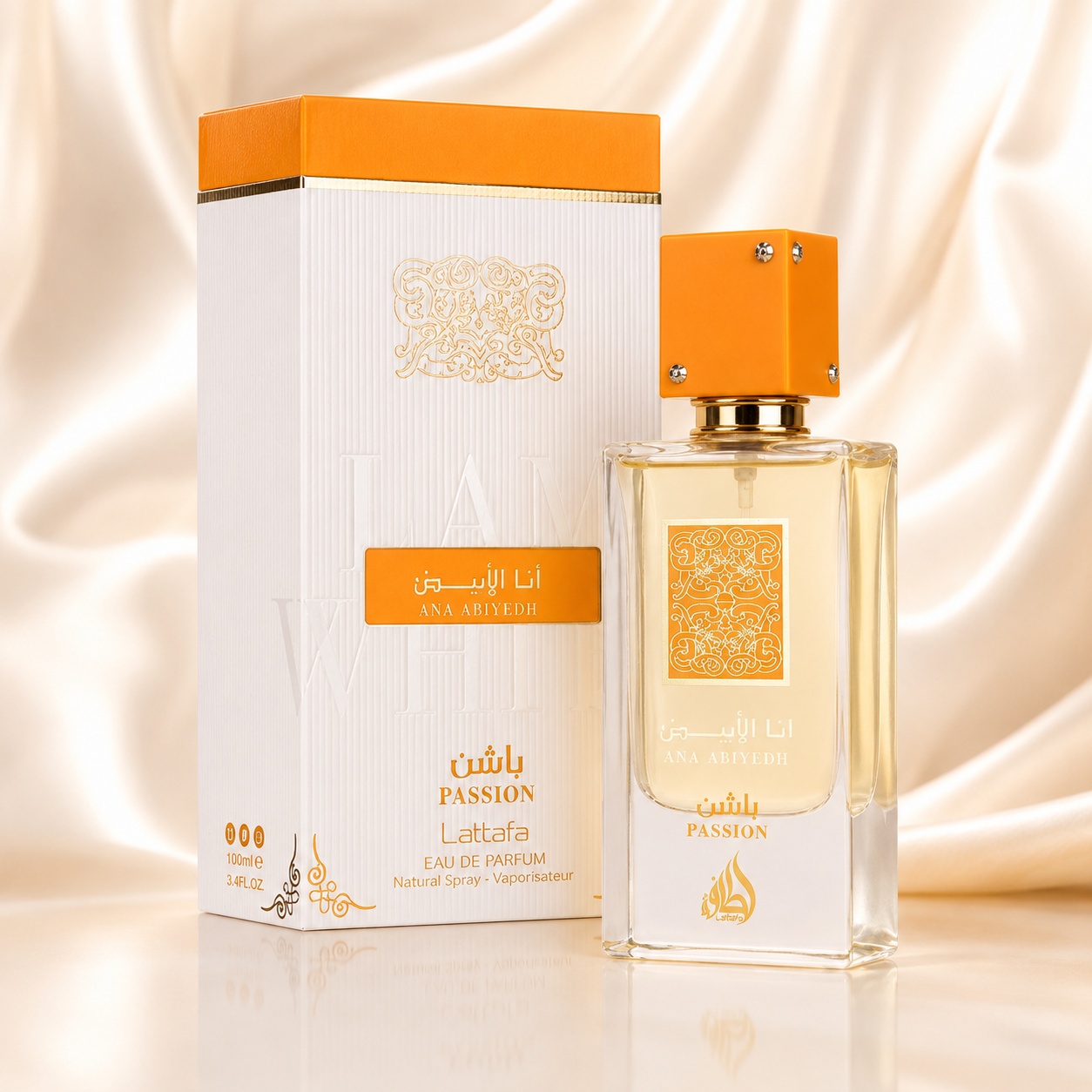 Parfum Lattafa Ana Abiyedh Passion 60ml, sticlă transparentă cu detalii portocalii și cutie albă premium
