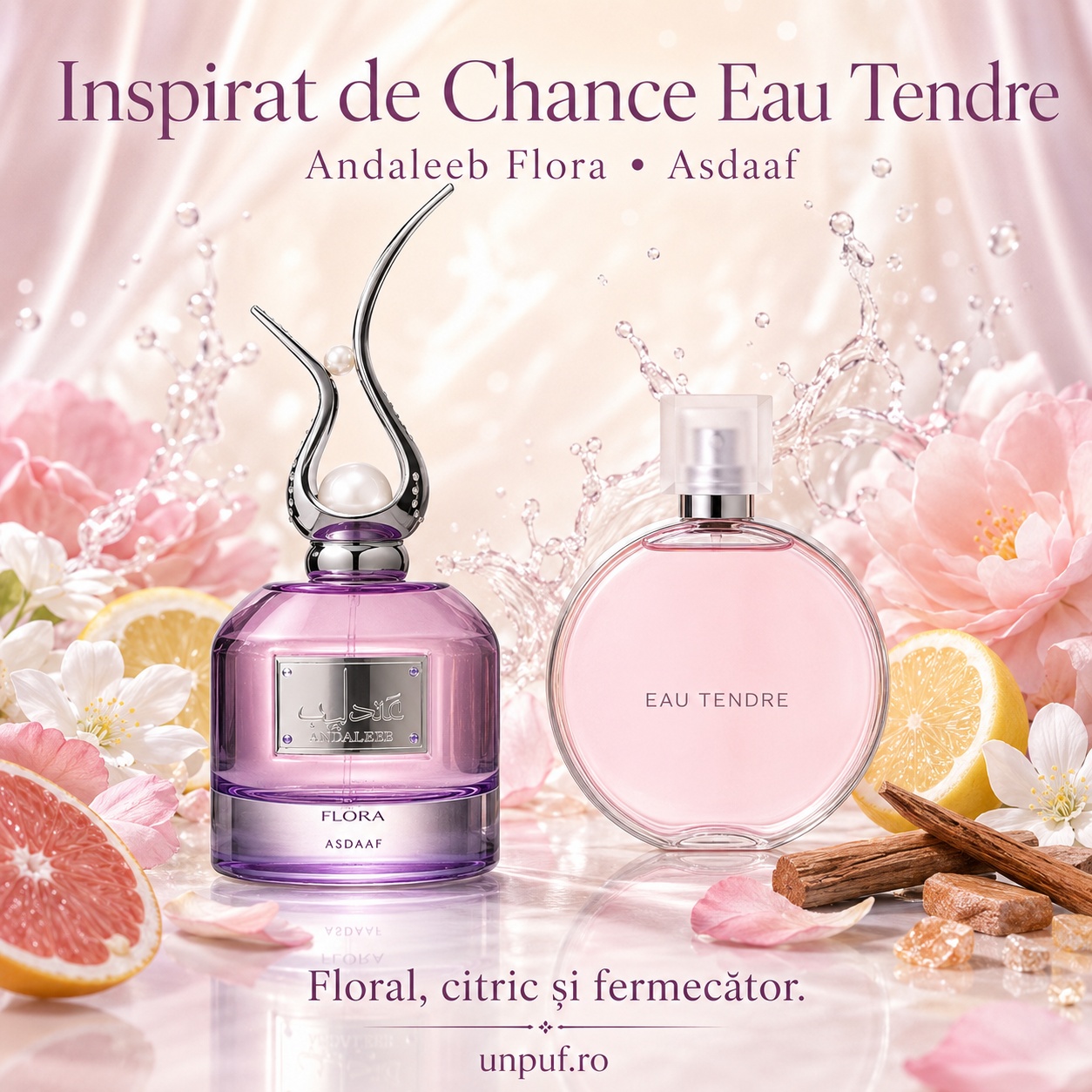 Lattafa Andaleeb Flora inspirat de Chance Eau Tendre, parfum damă floral citric și fermecător