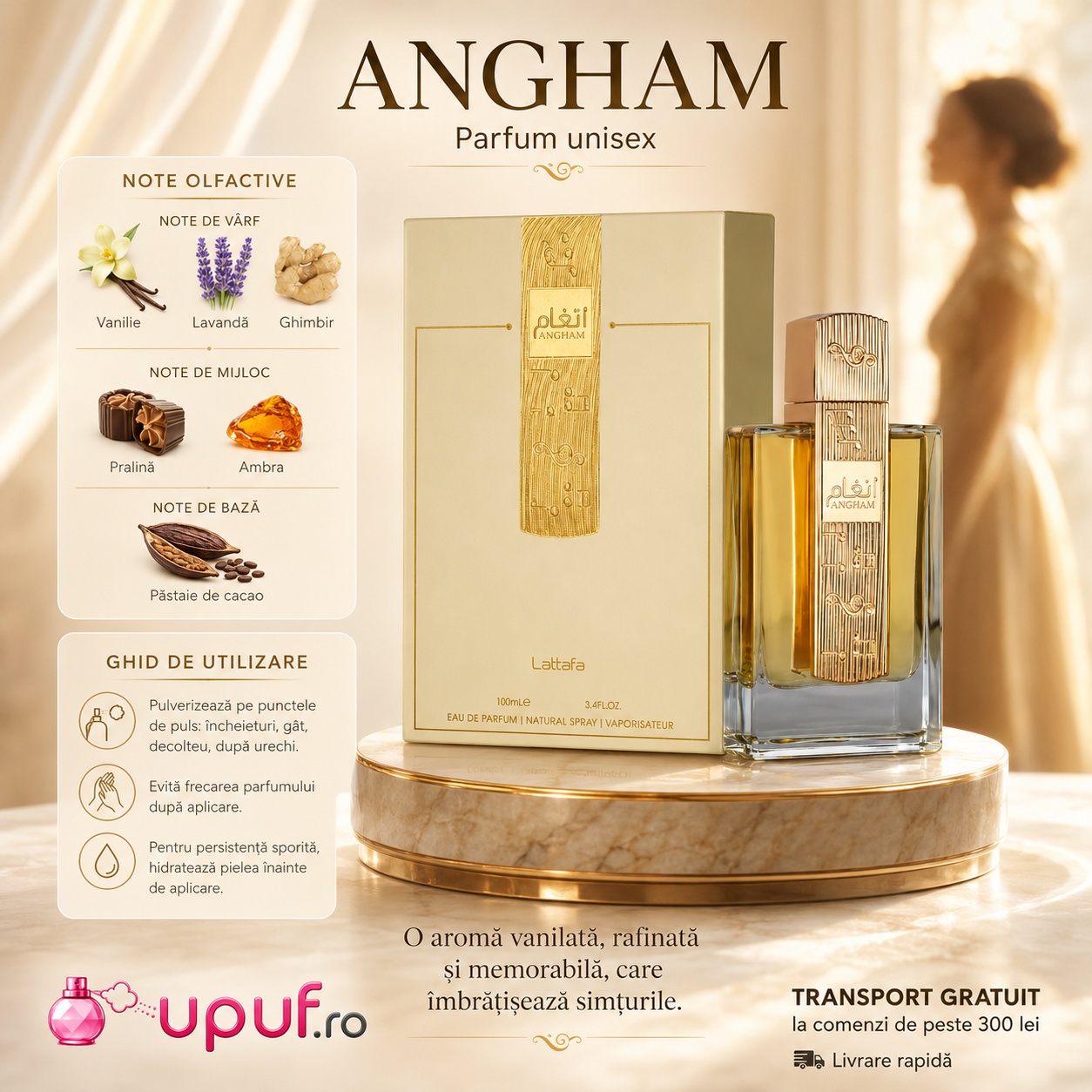 Lattafa Angham parfum de damă cu note olfactive vanilie, lavandă, ghimbir, pralină, ambră și păstaie de cacao