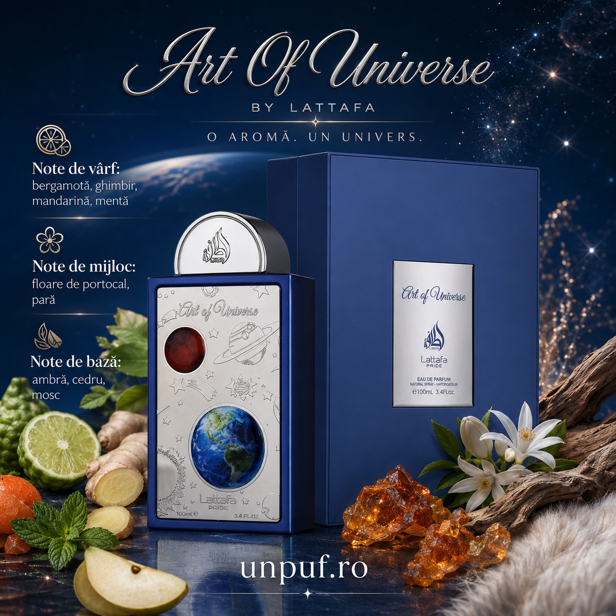 Note olfactive Lattafa Art Of Universe bergamotă ghimbir mandarină mentă floare de portocal pară ambră cedru mosc