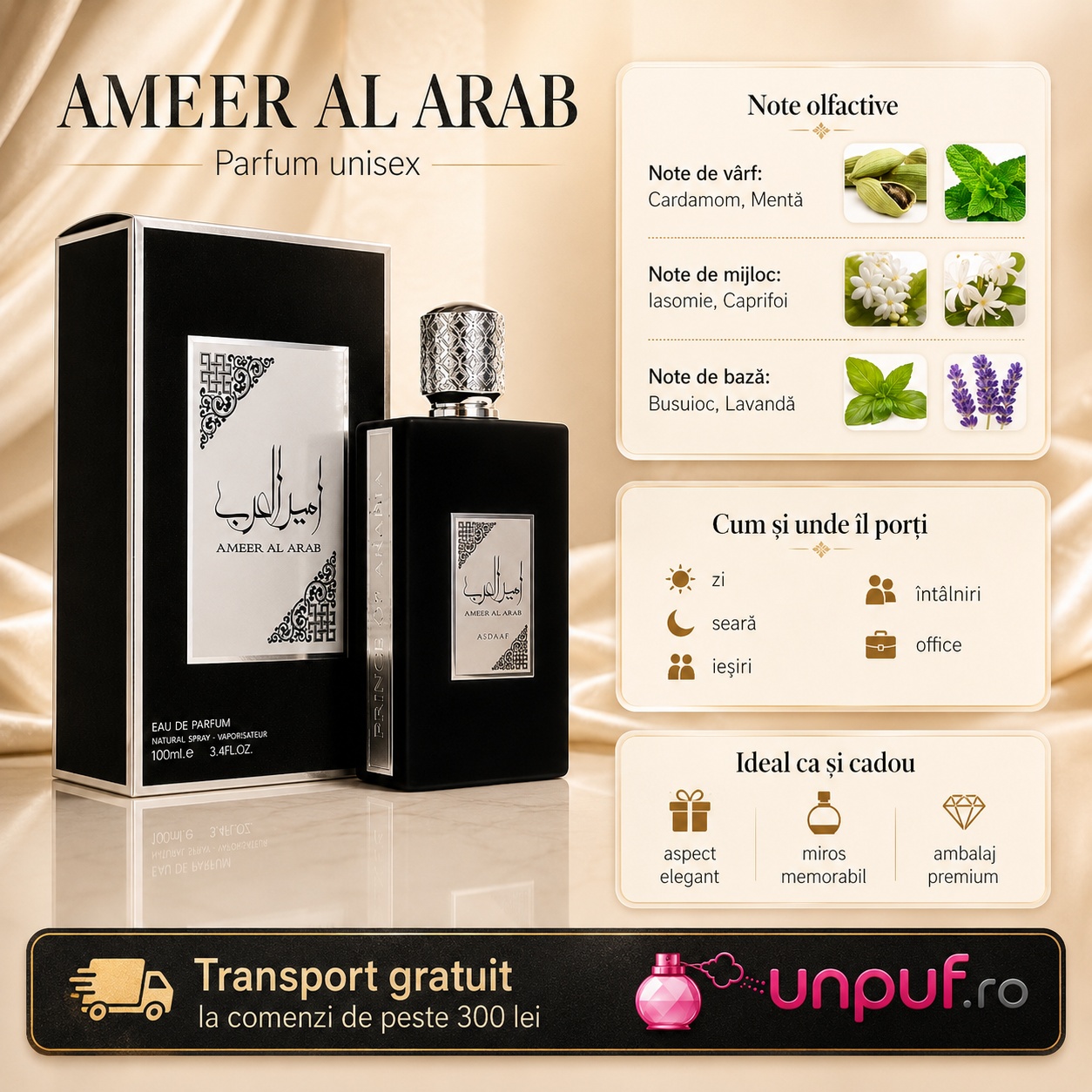 Lattafa Asdaaf Ameer Al Arab note olfactive cardamom mentă iasomie caprifoi busuioc lavandă și ghid de utilizare