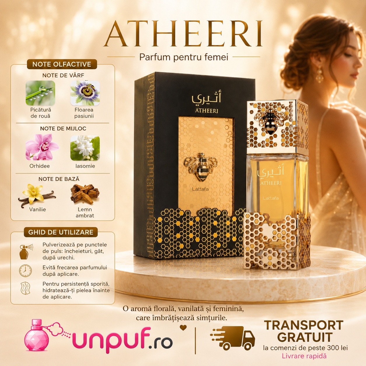 Lattafa Atheeri parfum pentru femei cu note de floarea pasiunii orhidee iasomie vanilie și lemn ambrat