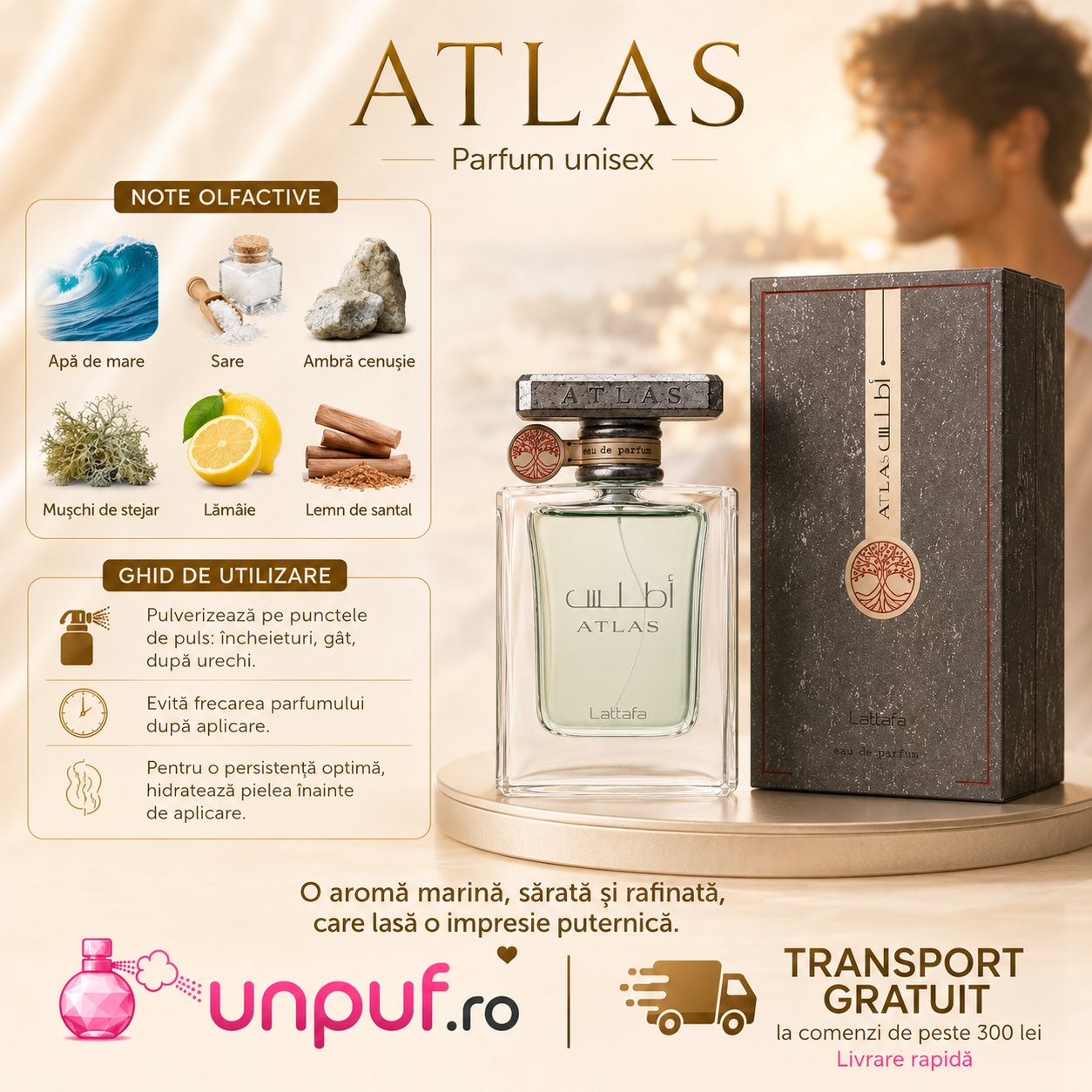 Lattafa Atlas parfum cu note olfactive de apă de mare sare ambră cenușie mușchi de stejar lăm&acirc;ie și lemn de santal