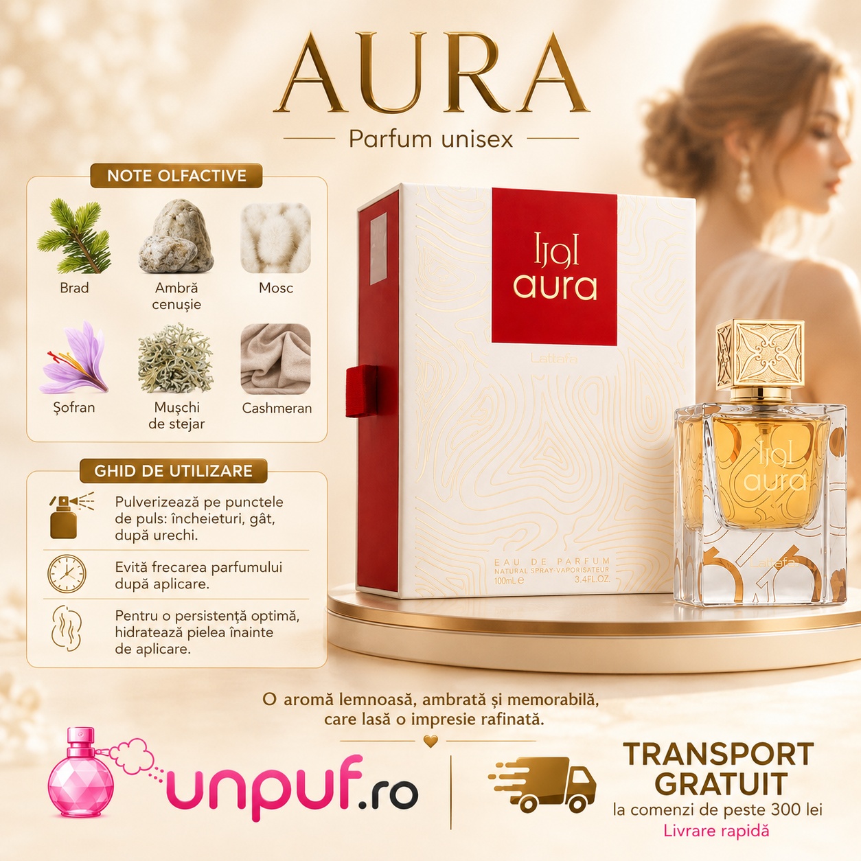 Lattafa Aura parfum unisex cu note de brad ambră cenușie mosc șofran mușchi de stejar și cashmeran