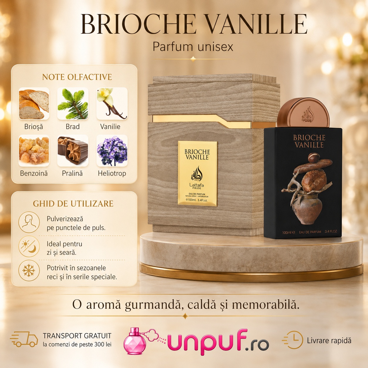 Lattafa Brioche Vanille parfum unisex cu note de brioșă brad vanilie benzoină pralină și heliotrop