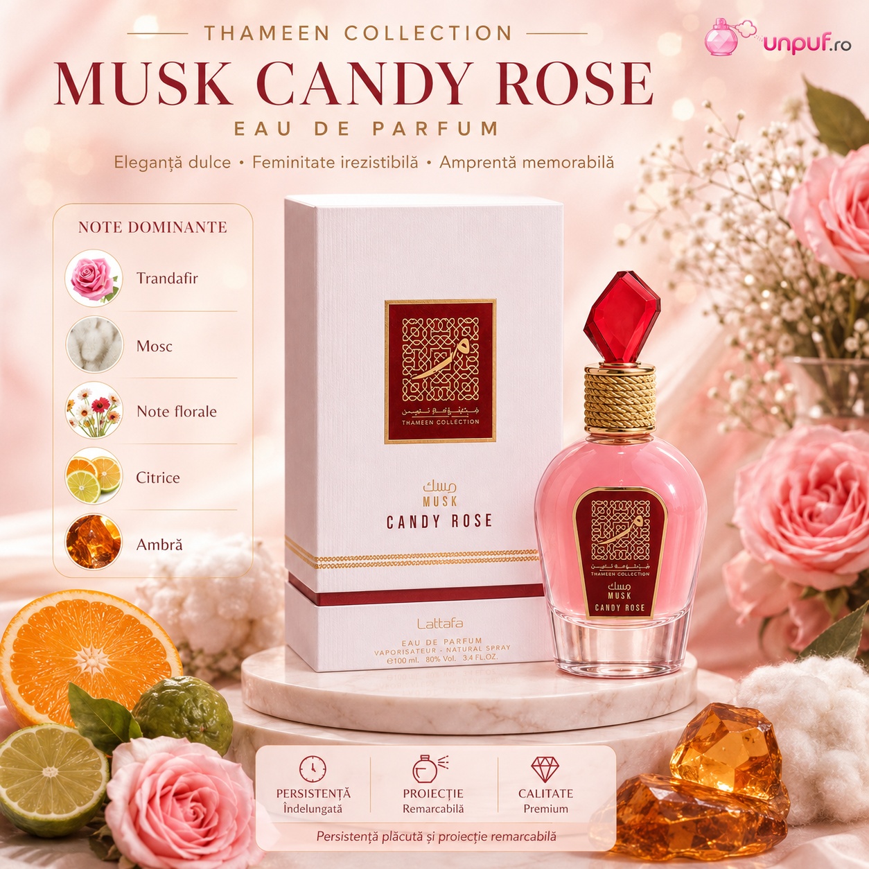 Musk Candy Rose Lattafa Eau de Parfum cu note dominante de trandafir mosc note florale citrice și ambră