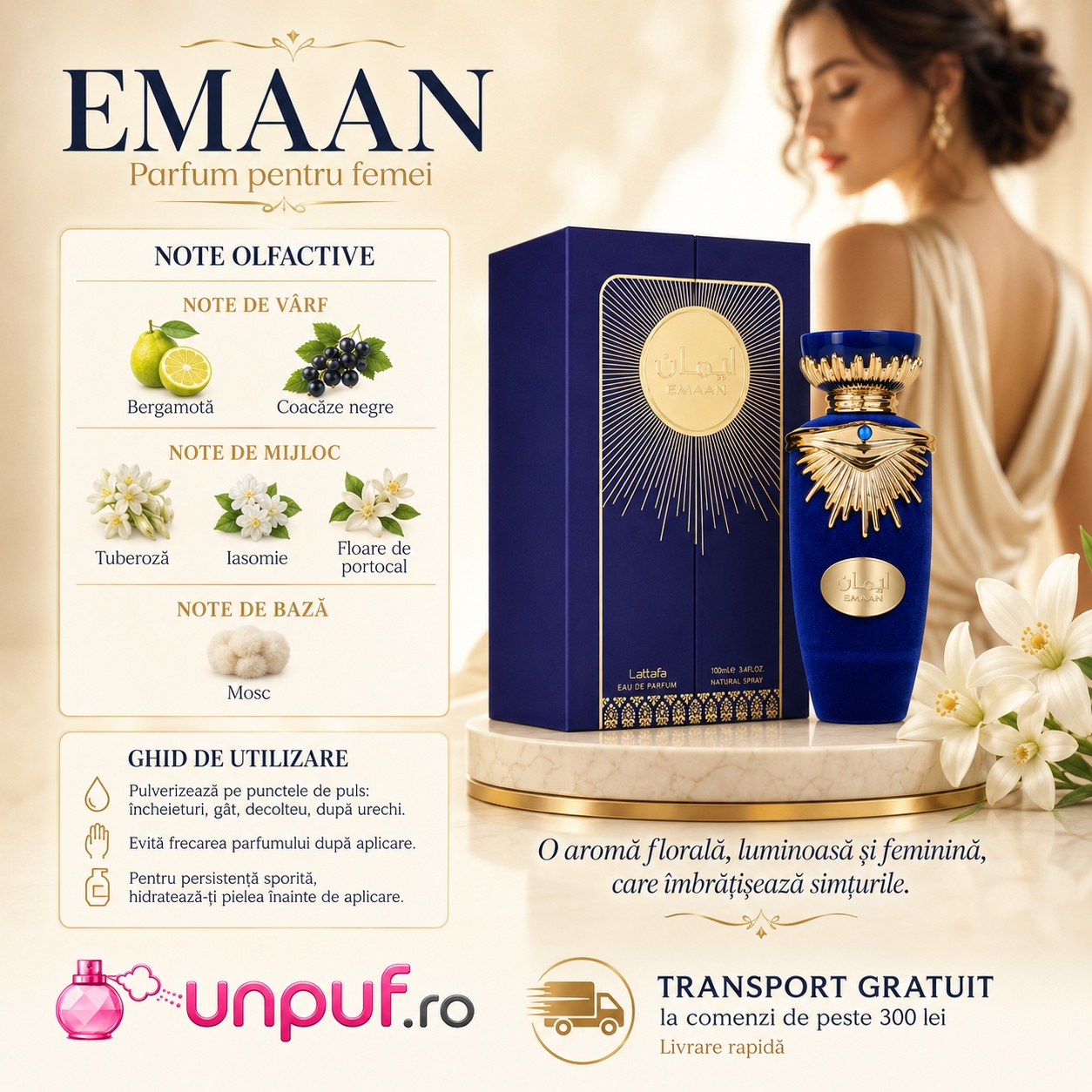 Lattafa Emaan parfum de damă cu note olfactive de bergamotă coacăze negre tuberoză iasomie floare de portocal și mosc