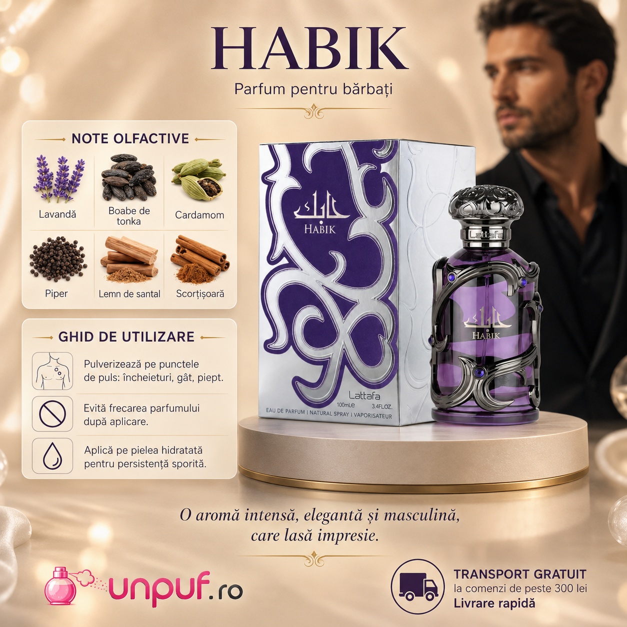 Lattafa Habik For Men parfum pentru bărbați cu ghid de utilizare și note vizuale de lavandă tonka cardamom piper santal și scorțișoară