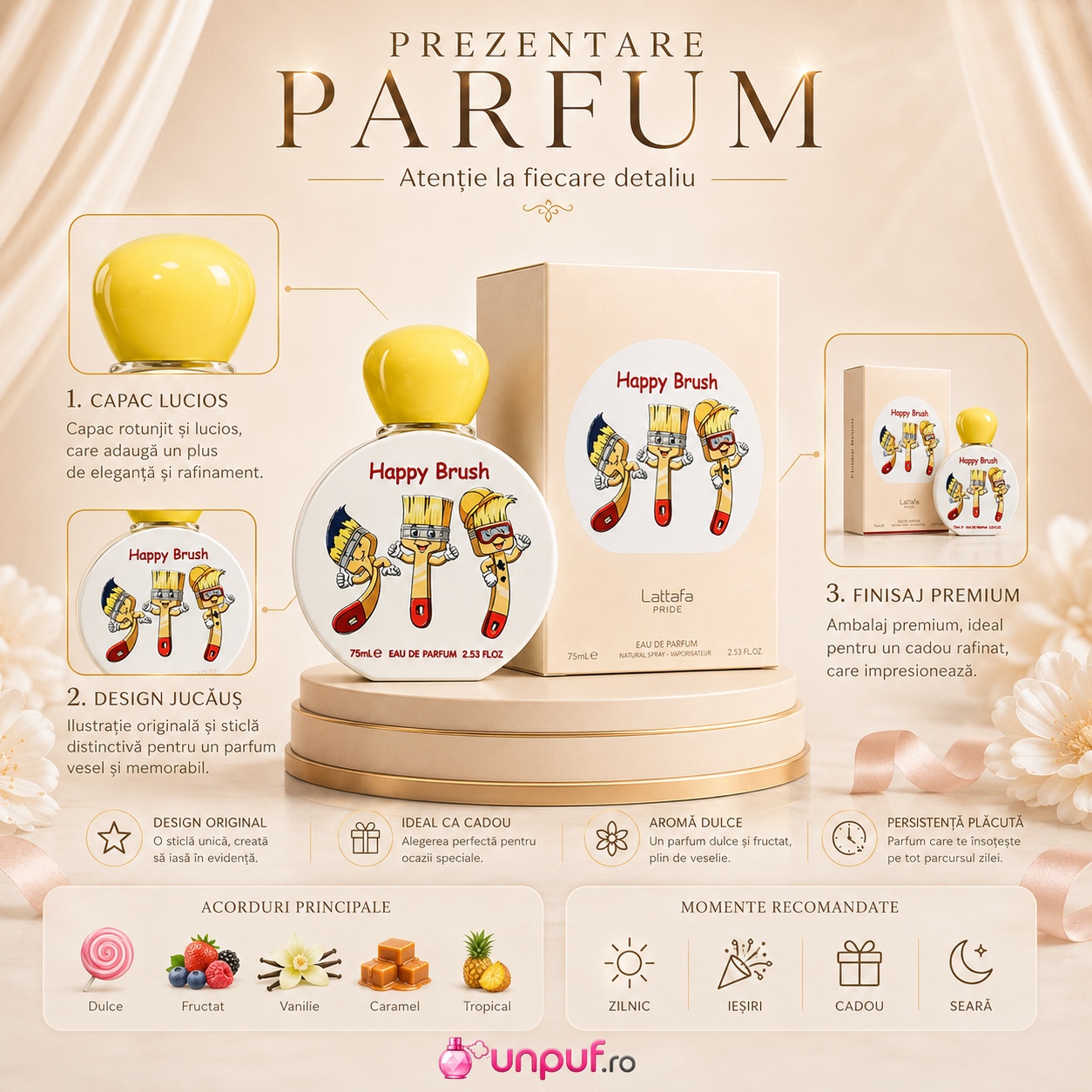 Prezentare parfum Lattafa Happy Brush cu flacon, cutie, acorduri principale și momente recomandate