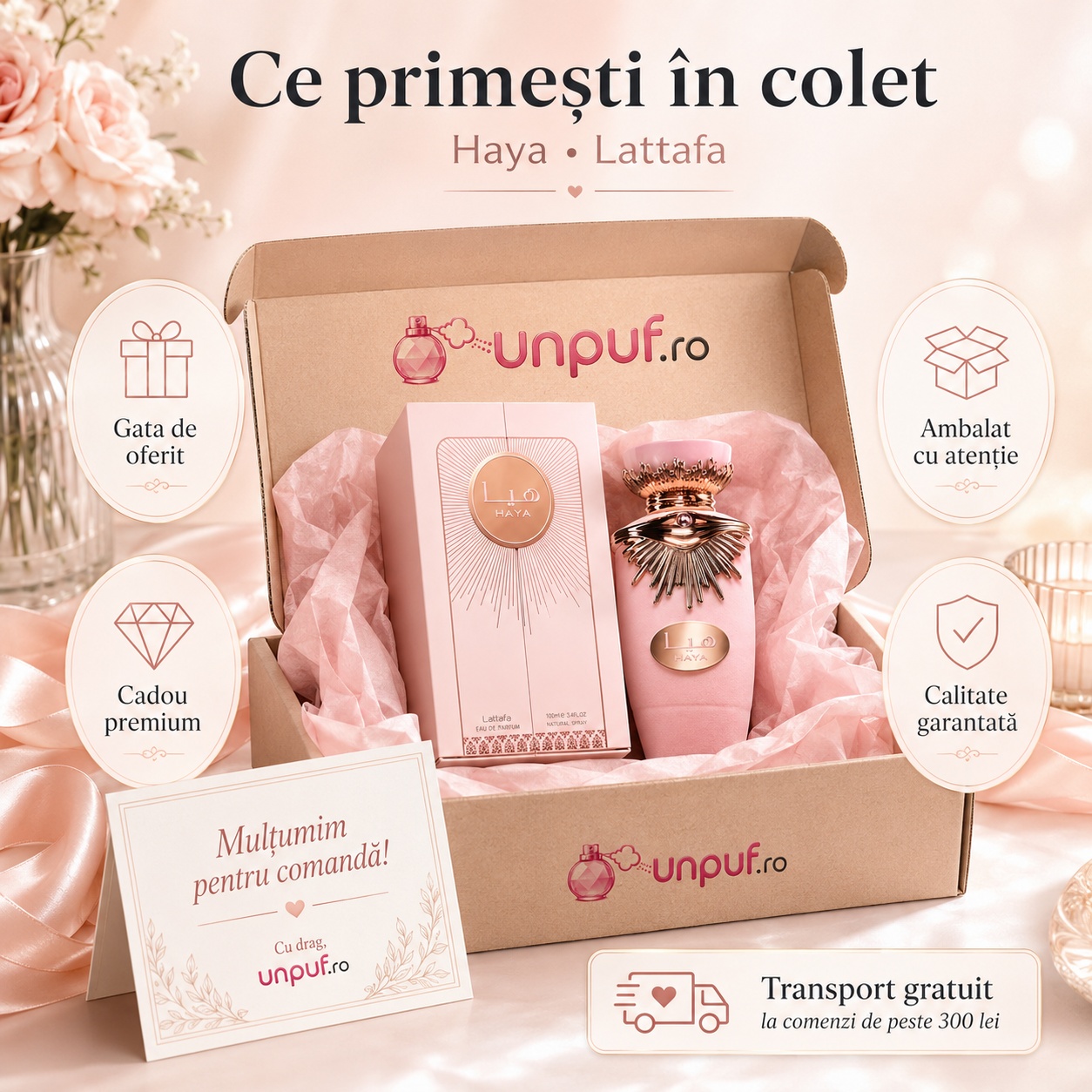 Ce primești &icirc;n colet Lattafa Haya 100 ml parfum arăbesc de damă ambalat cu atenție gata de oferit cadou