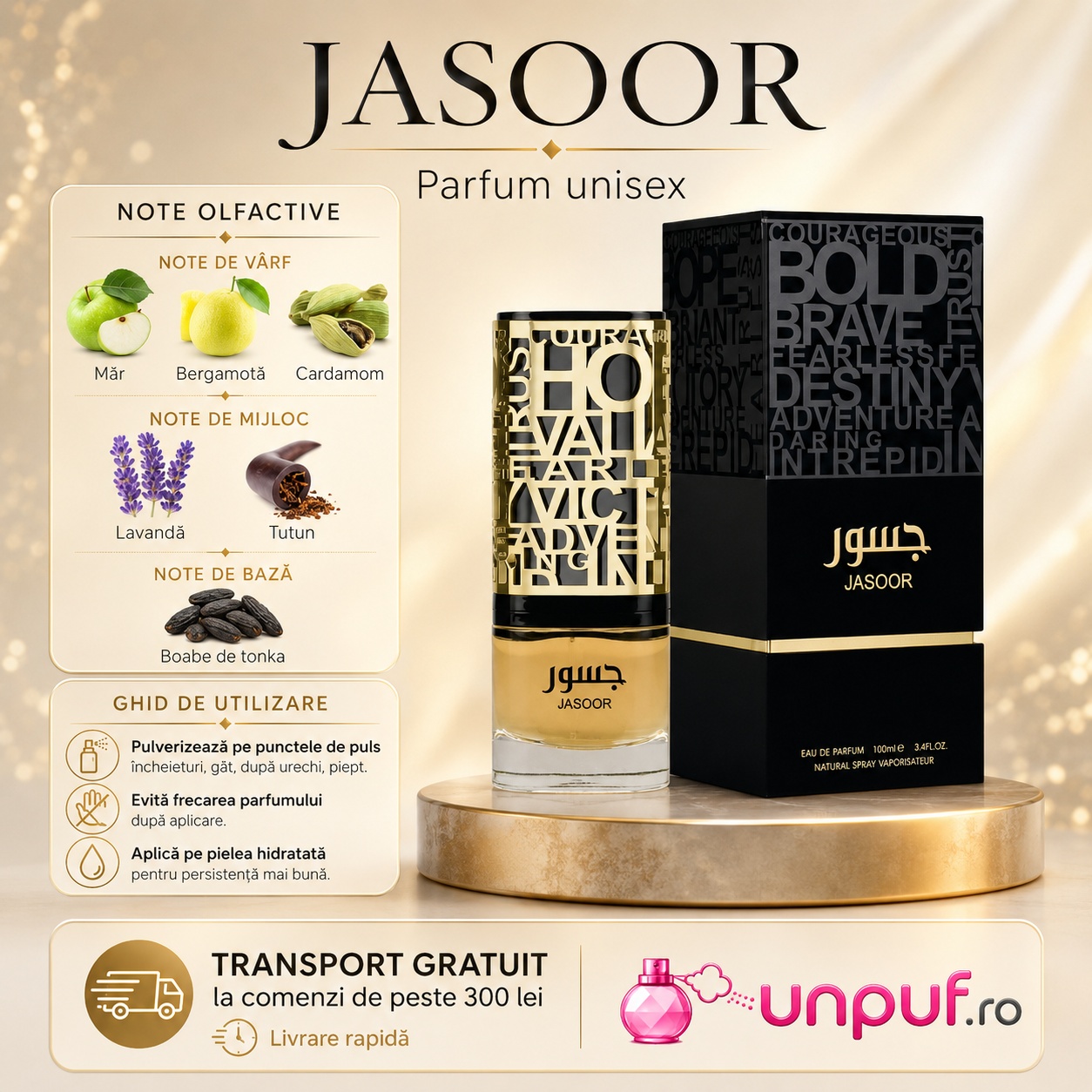 Lattafa Jasoor parfum cu note de măr bergamotă cardamom lavandă tutun și boabe de tonka