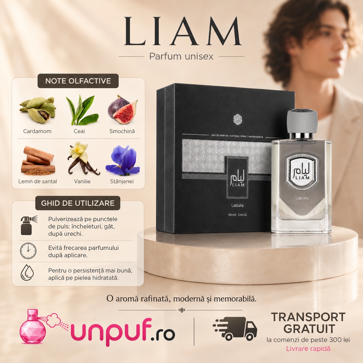 Lattafa Liam Grey parfum cu note de cardamom ceai smochină lemn de santal vanilie și st&acirc;njenei
