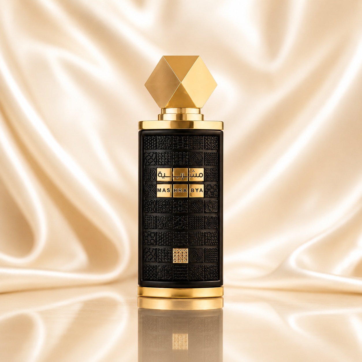 Flacon Lattafa Mashrabya 100 ml parfum unisex negru cu detalii aurii și capac geometric premium