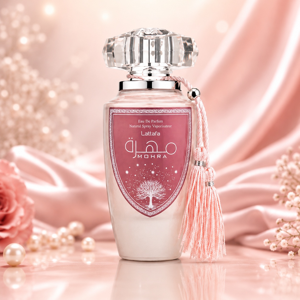 Flacon Lattafa Mohra Silky Rose 100 ml parfum de damă roz sidefat cu capac cristalin și ciucure delicat