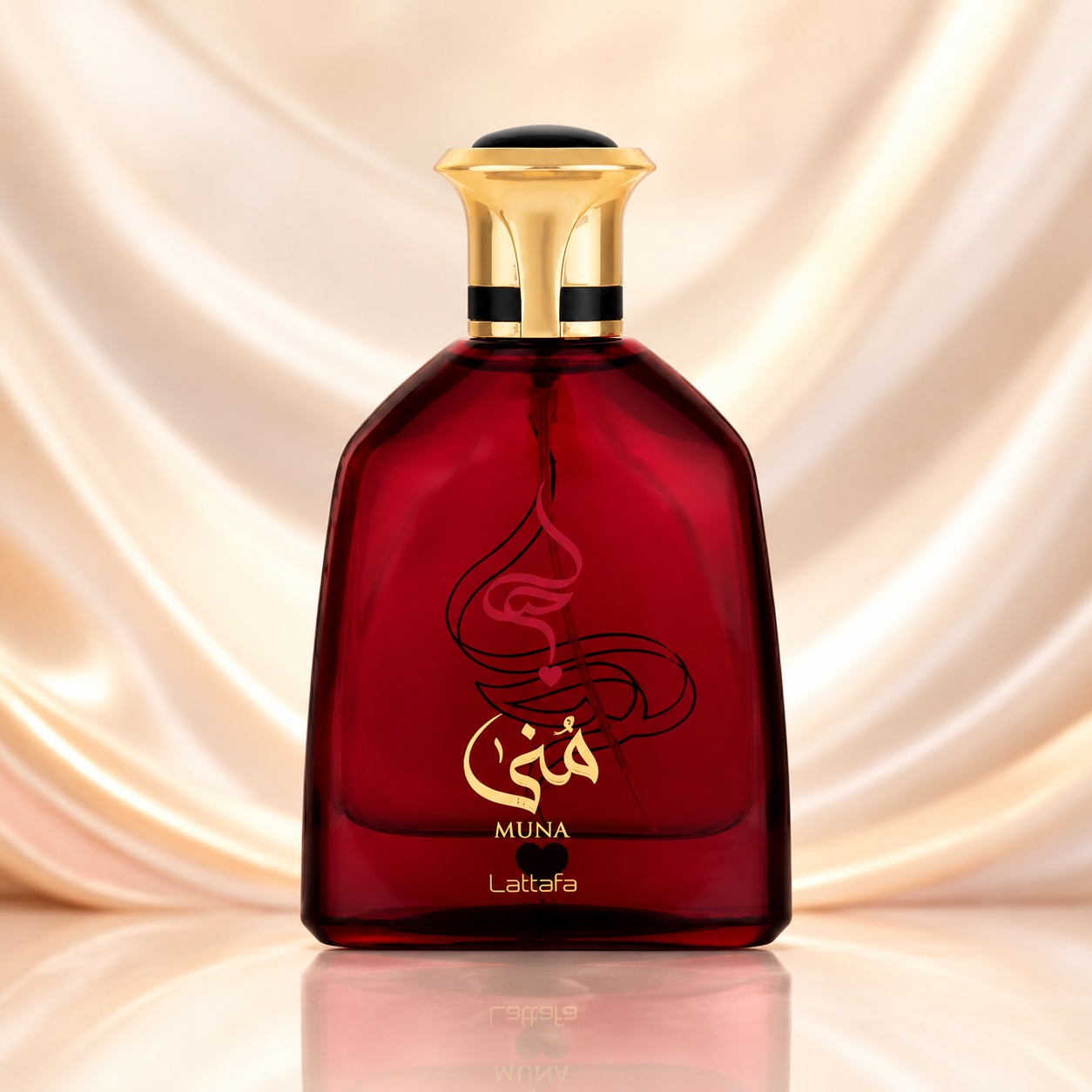Flacon Lattafa Muna 100 ml parfum unisex roșu rubiniu cu capac auriu și design oriental elegant
