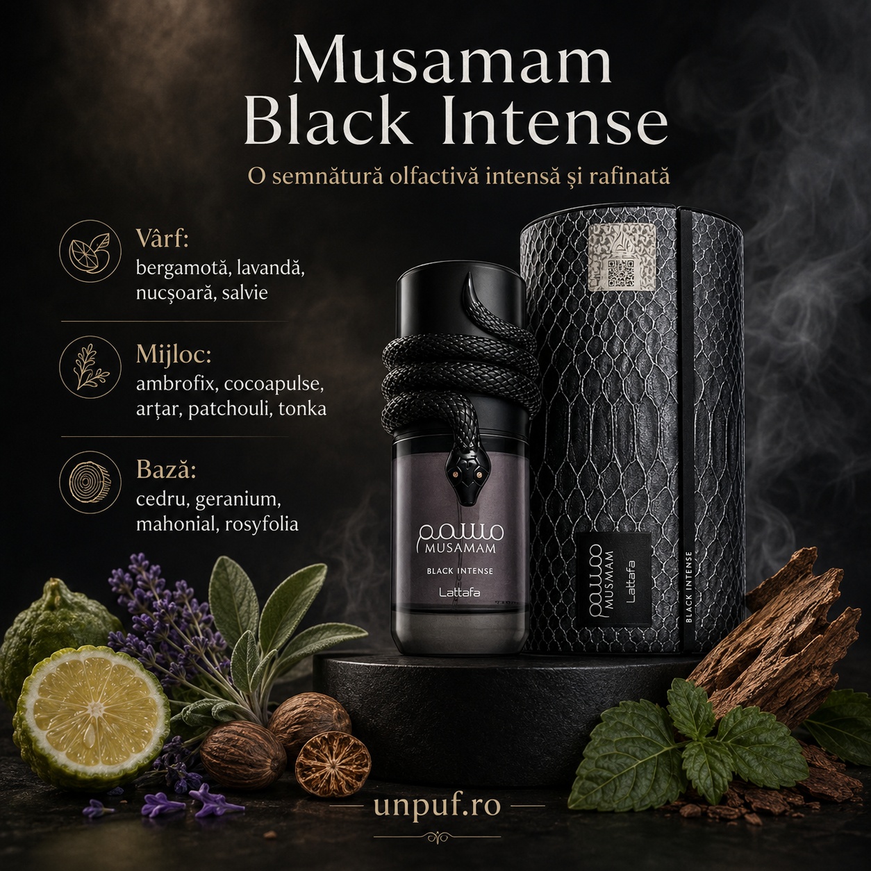 Note olfactive Musamam Black Intense Lattafa bergamotă lavandă nucșoară salvie patchouli tonka cedru