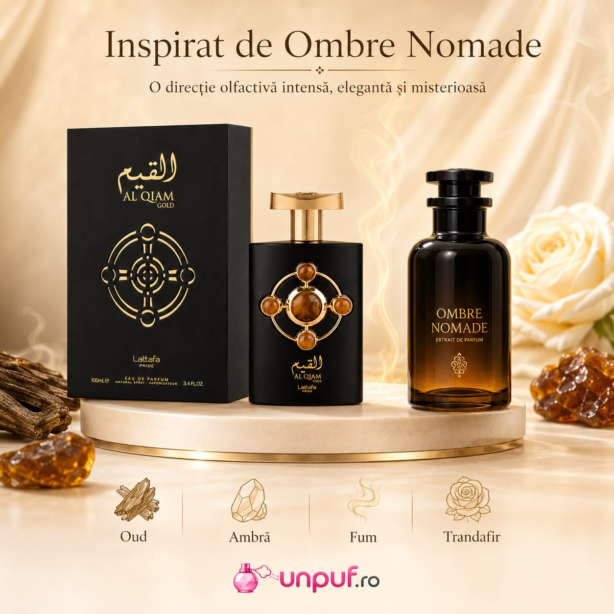 Lattafa Pride Al Qiam Gold inspirat de Ombre Nomade parfum oriental intens elegant și misterios