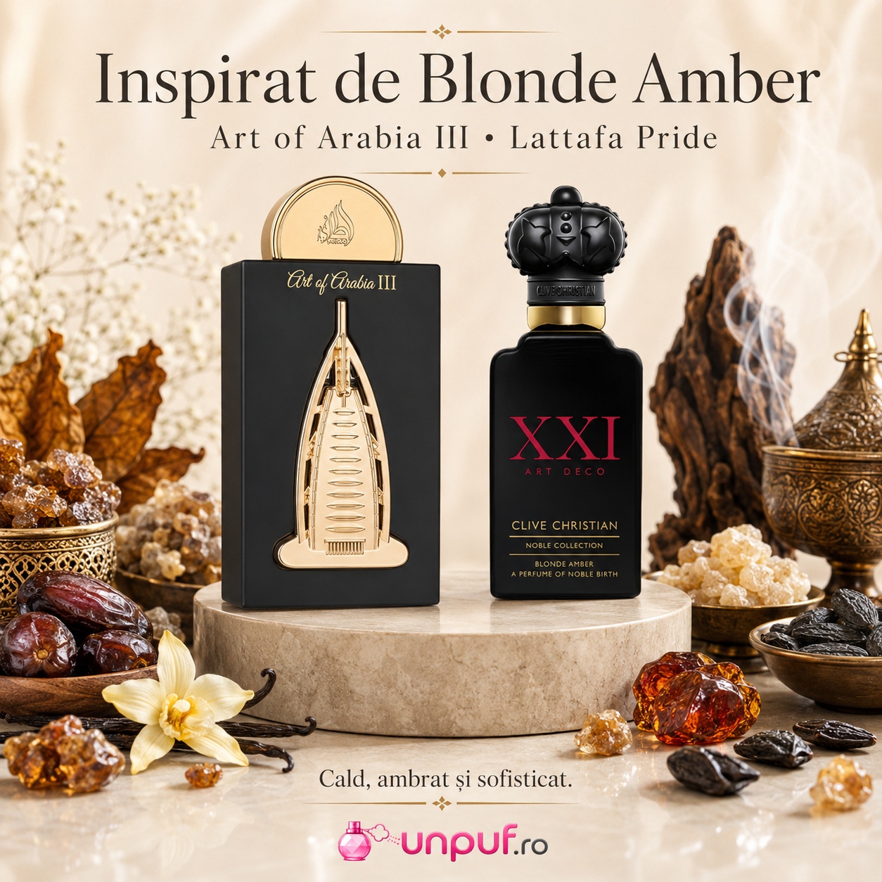 Lattafa Pride Art of Arabia III parfum inspirat din Blonde Amber cu aromă caldă, ambrată și sofisticată
