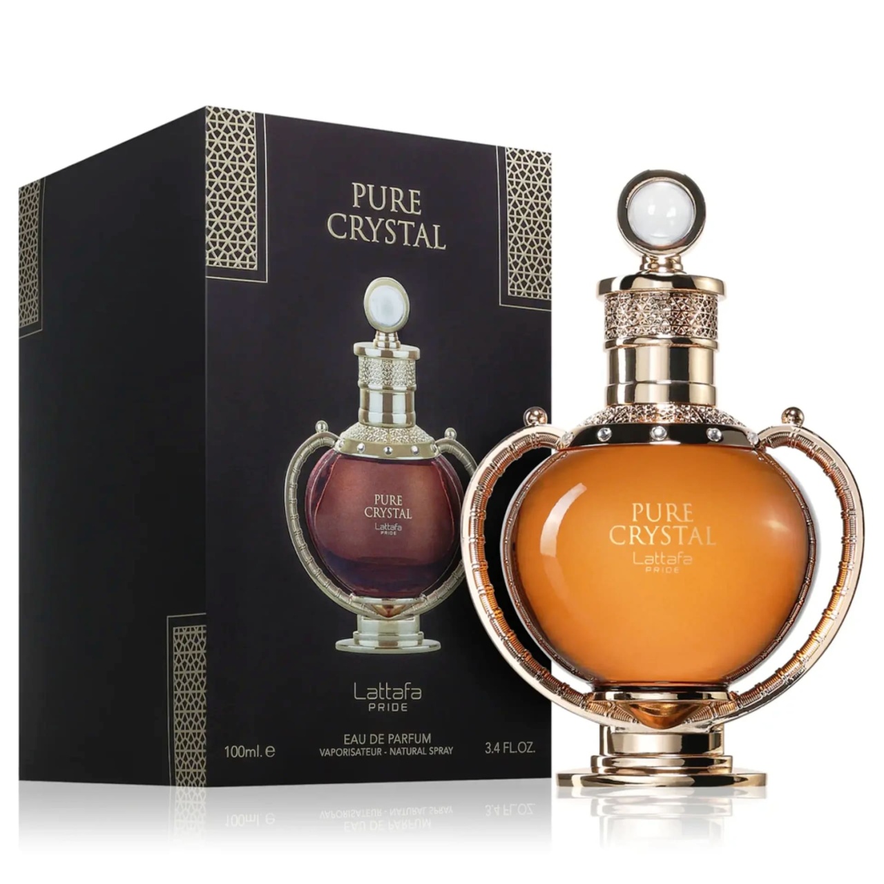 Parfum Lattafa Pure Crystal 100 ml apă de parfum unisex cu flacon original auriu ambrat și cutie neagră Lattafa Pride