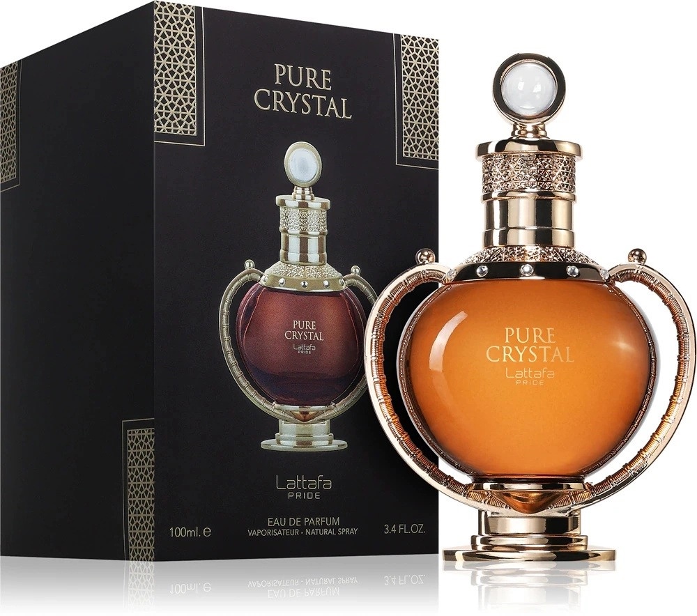 Imagine produs Lattafa Pure Crystal 100 ml pe fundal alb, flacon auriu și cutie neagră Eau de Parfum