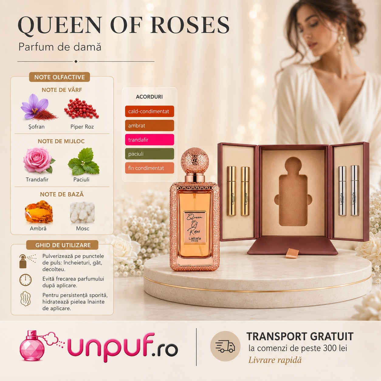 Lattafa Queen Of Roses parfum de damă cu note de șofran, piper roz, trandafir, paciuli, ambră, mosc și acorduri cald condimentate