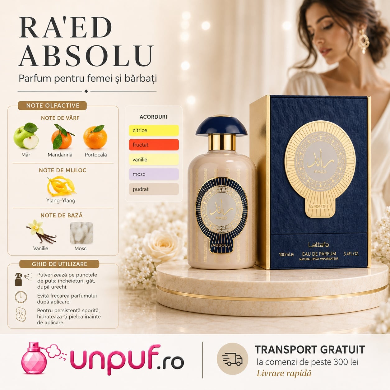 Lattafa Raed Absolu parfum cu note de măr, mandarină, portocală, ylang ylang, vanilie și mosc, aromă citrică fructată și elegantă