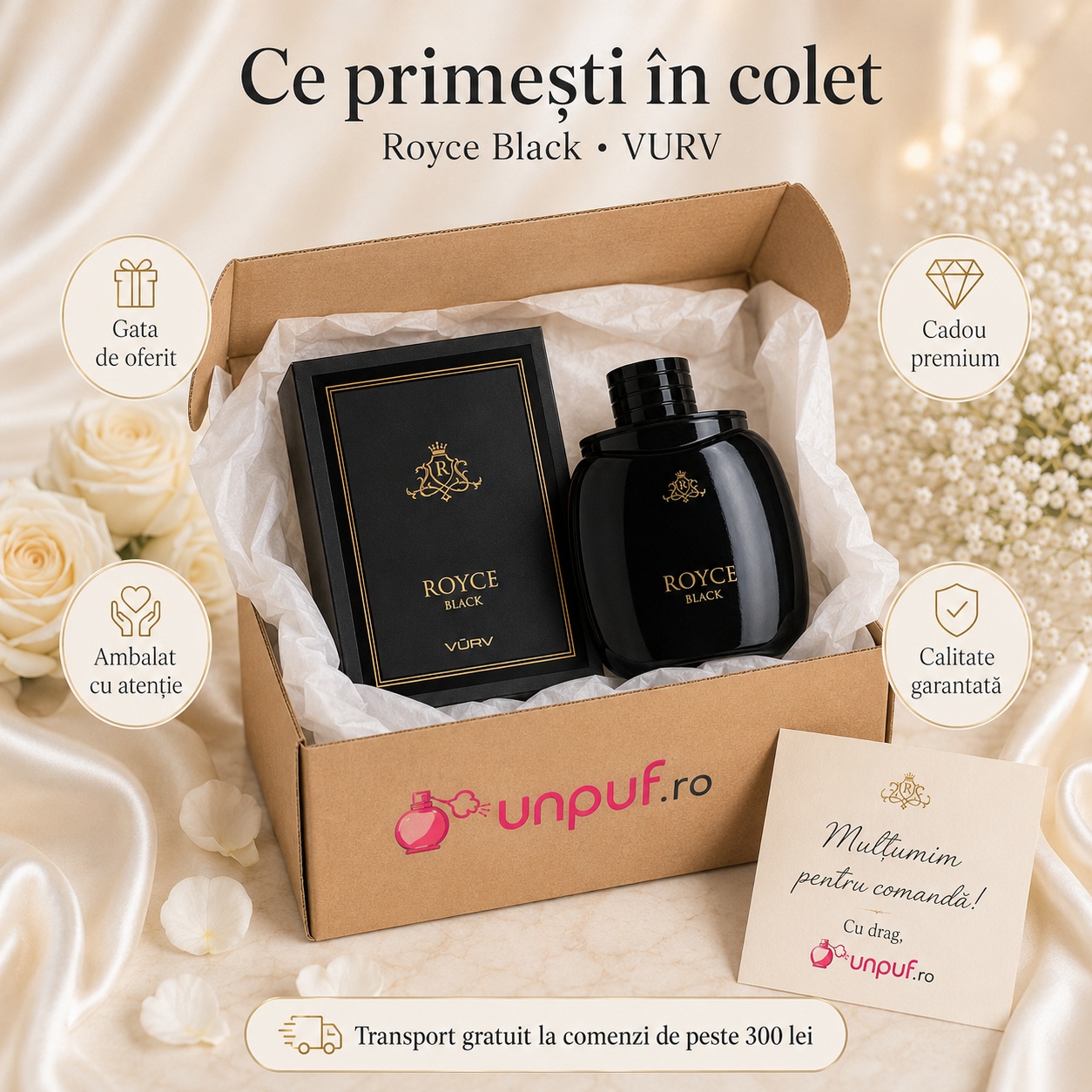 Ce primești &icirc;n colet Lattafa Royce Black 100 ml parfum arăbesc bărbătesc ambalat cu atenție și gata de oferit cadou