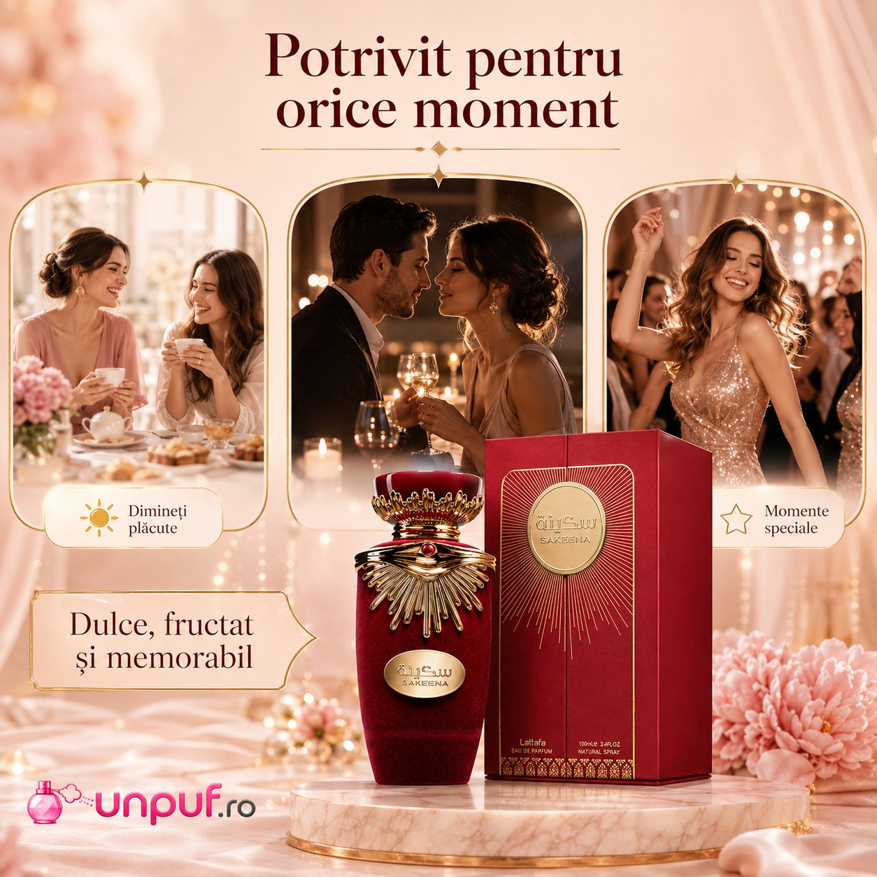 Lattafa Sakeena parfum dulce, fructat și memorabil, potrivit pentru dimineți plăcute, &icirc;nt&acirc;lniri și momente speciale