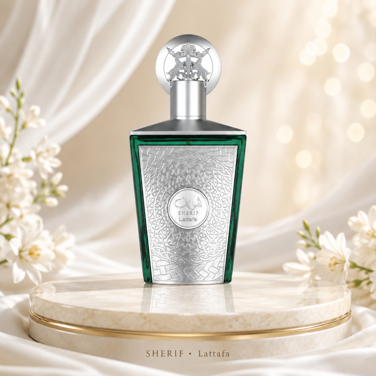 Flacon Lattafa Sherif 100 ml parfum bărbătesc verde cu finisaj argintiu gravat și capac decorativ premium