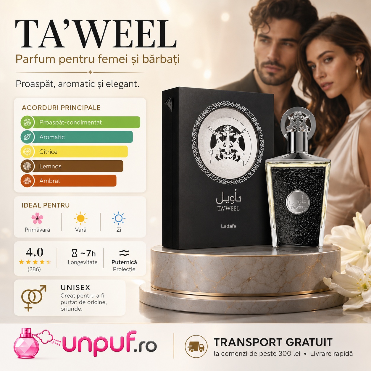 Lattafa Taweel parfum unisex proaspăt, aromatic și elegant, ideal pentru primăvară, vară și zi